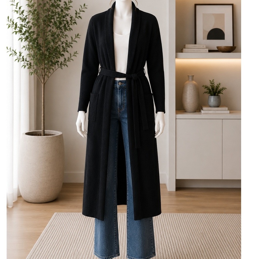 Maxsport Womens Cardigan Sweater Black Longline Belted Knit Pockets Small